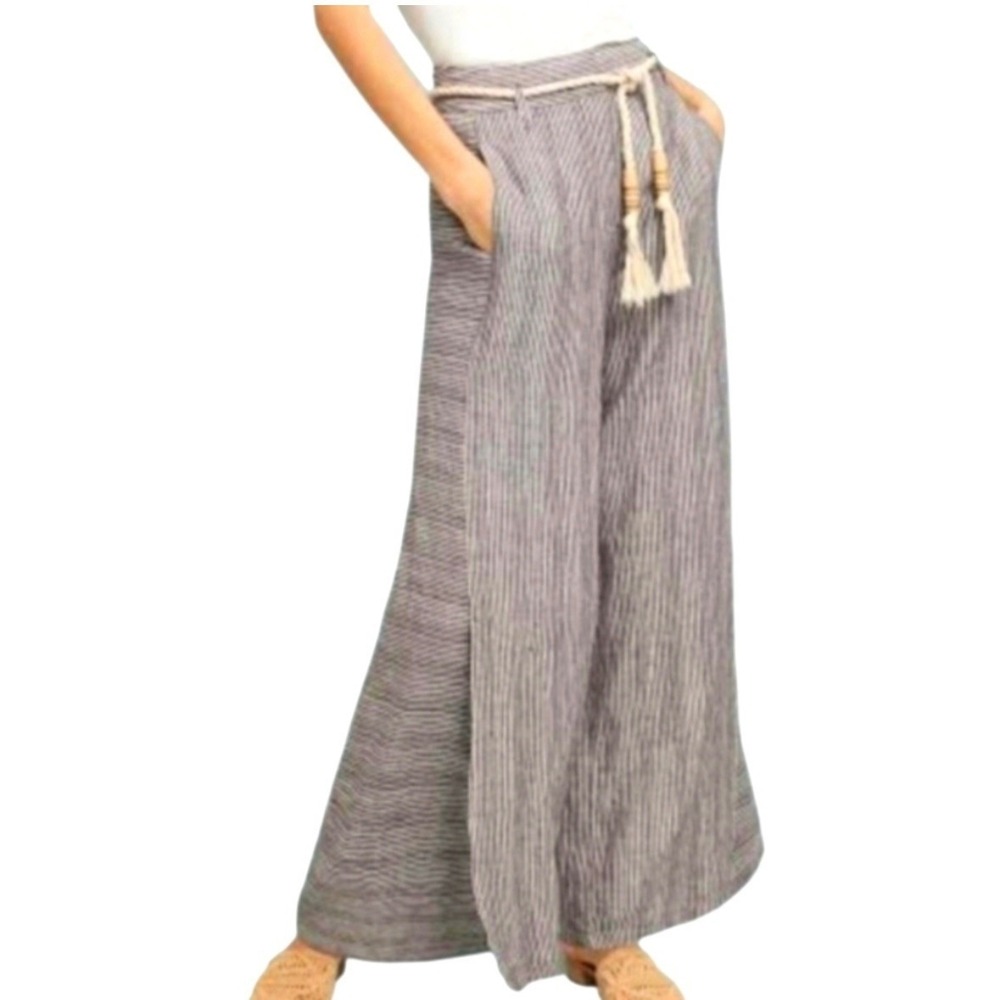 Anthropologie Ett Twa Super Wide Leg Brown Striped Linen Pant Women Size 12 Tall - Picture 4 of 16